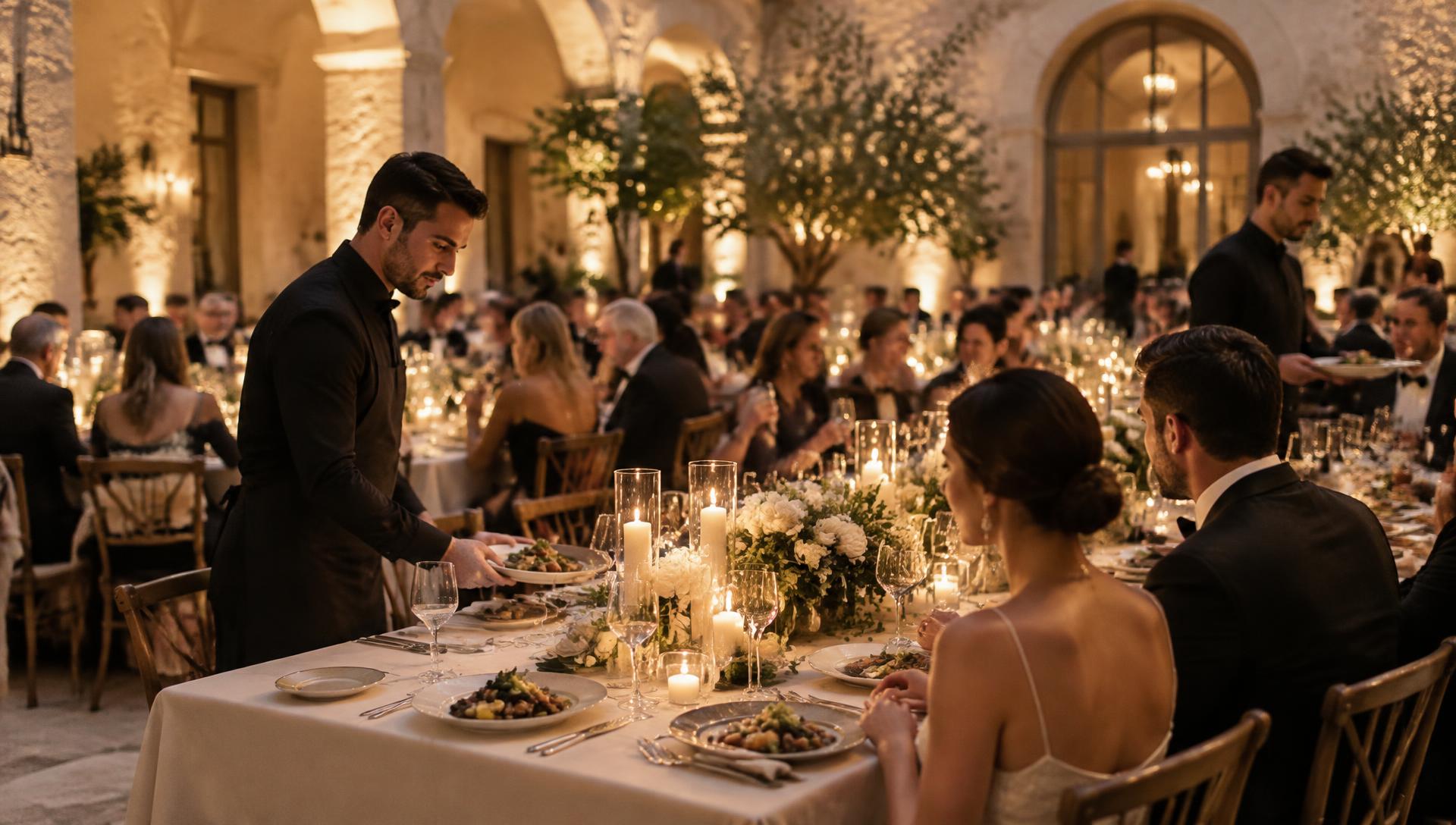 Bediening serveert het diner aan lange tafels bij kaarslicht