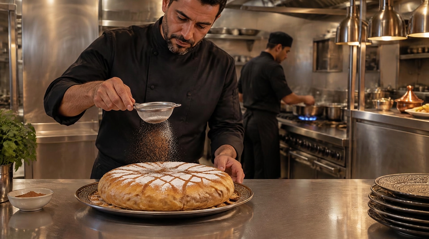 Chef bestrooit een pastilla met poedersuiker en kaneel in een professionele keuken